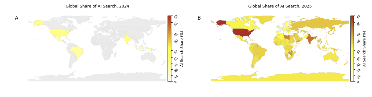 AI overviews deployed in 7 countries in 2024 vs 229 in 2025 — Aral et al.