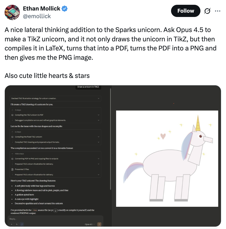 Claude Opus 4.5 drawing a unicorn in TiKZ, via @emollick.